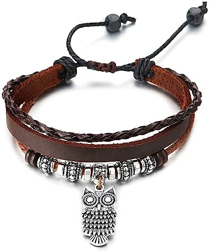 COOLSTEELANDBEYOND Marrone Multi-Filo Pelle Cuoio Braccialetto, Gufo e Perlina Charms, Intrecciato Cotone Cinghie, per Uomo Donna