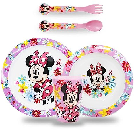 Sorrisini Stoviglie riutilizzabili per Bambini Minnie Mouse, Piatti Bambini per Asilo Scoula Piatto, Ciotola, Posate, Bicchiere, Set Svezzamento Prima Pappa Bimbo in Plastica Adatta per Microonde
