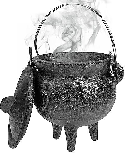 Halloween Mini Cauldron, 10 cm / 3,9 pouces en fonte de fer à fonte avec couvercle et poignée, porte-brûlage de l'encens de bougie, décoration de pot de chaudron de sorcellerie pour l'ornement de déc