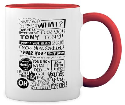 Fuck You Tony and Ezekiel meme Stylish New Trend Fun Lustig Weiße Tasse Mug mit roten Felgen und Griff