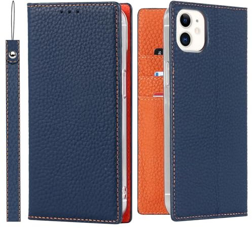 ELTEKER Custodia per iPhone 12/12 Pro, in vera pelle, con scomparto per carte di credito, in pelle, per iPhone 12/12 Pro, blu