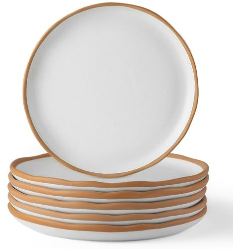 Lareina Set di 6 piatti piani in ceramica, 25,4 cm, in gres porcellanato, con bordo ondulato, moderno e rustico, set di piatti da cucina in porcellana, bianco vaniglia opaco