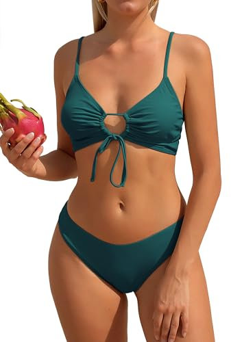 ZAFUL O-Ring Ausgeschnitten Kordelzug an der Brust Cami Bikini-Set Gepolstert Zwei Stück Badeanzug Bademode für Damen (1-Pfauengrün,M)