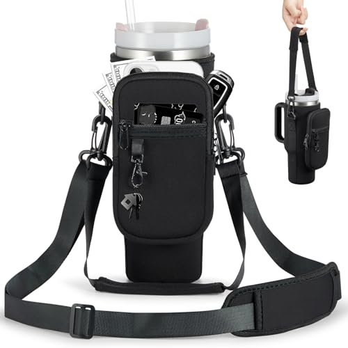 BULKITEM Sac de transport pour bouteille d'eau avec poche pour téléphone portable - Gobelet Stanley noir de 1200 ml avec poignée - Porte-gobelet isotherme en néoprène - Pour la Saint-Valentin