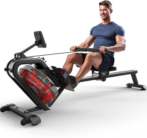 YAMO Rudergerät für zuhause Wasserrudergerät mit LCD Dispaly, Wasserwiderstand Rudermaschine mit 158kg Gewichtskapazität, 14L Wassertank Rowing Machine mit 44Tage Kinomap APP Mitgliedschaft, ROT MR26