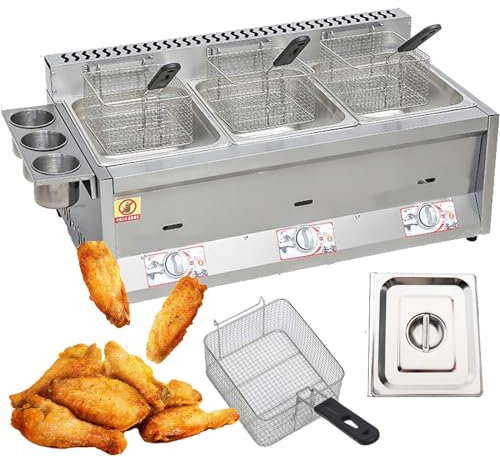Friteuse à gaz avec panier et couvercle 8L/16L/24L, friteuse à gaz commerciale, friteuse en acier inoxydable, pour cuisine domestique commerciale,8L+8L+8L