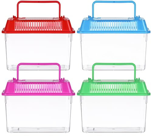 VANZACK 4Pcs Portable Fish Tank Handheld Aquarium Transparent Turtle Box for Small Pets, Plastic Reptile Enclosure with Lid Handle, Ideal for Fish, Hamsters, Insects, Assorted Colors