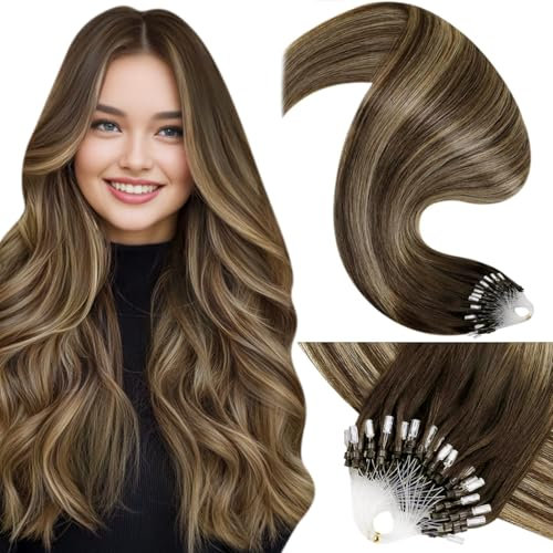LaaVoo Microring Extensions Echthaar 50g 35cm Balayage Microring Haarverlängerung Braun Balayage Blond Micro Loop Extensions Echthaar Micro Ringe Haare Micro Extensions 50g/50s #4/27/4