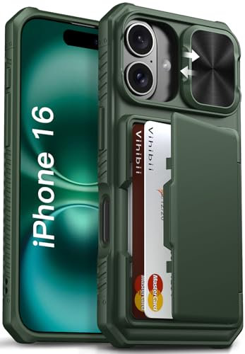 Vihibii for iPhone 16 Case with Card Holder (4 Cards) [RFID Blocking] & Slide Camera Cover, Military Grade Drop Protection, Rugged Hard Back & Silicone Edge Wallet Phone Case, 6.1 2024, Green