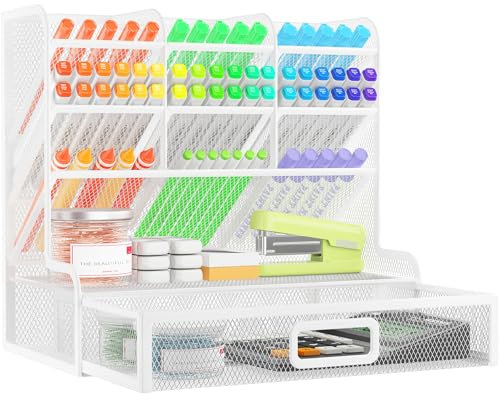VITVITI Organizer Scrivania, 9 Porta Pennarelli con Cassetto, Portapenne a Rete in Metallo, Porta Penne per Ufficio a Casa (Bianco)