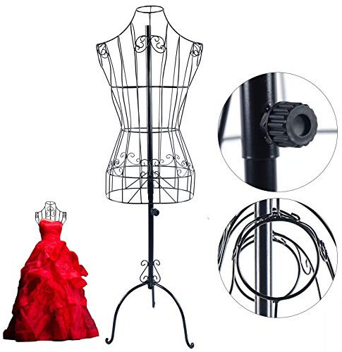 WOLEGM Mannequin de couture vintage en métal - Réglable en hauteur - Avec base - Pour mannequin de vitrine, buste féminin - Portant à vêtements - Noir