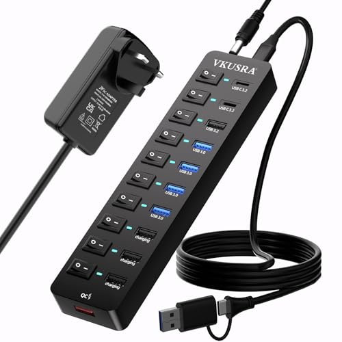 Powered USB Hub, VKUSRA 11-Port USB 3.2/USB C Hub with 10Gbps USB-A and 2 USBC 3.2 Data Port + 4 USB 3.0 Ports+ 4 Charging Ports, All in One USB Splitter with 3.9ft USB Cable and 12V Power Supply