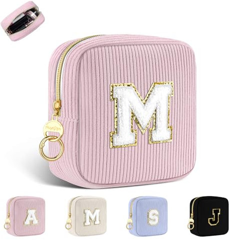 Trousse per Trucchi Donna Personalizzata Iniziale Piccola Borsa da Cosmetici Beauty Case da Viaggio Accessori Pochette Trucchi Organizer in Velluto a Coste Regalo per Ragazza Amica Compleanno Rosa M