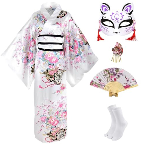 CRFASIBE 5 Pezzi Kimono Donna Giapponese, Costume per Carnevale, EU 36-46 | Set Tradizionale Yukata Floreale con Maschera e Accessori, Confezione Regalo, Taglia Unica, per Cosplay, Feste e Spettacoli