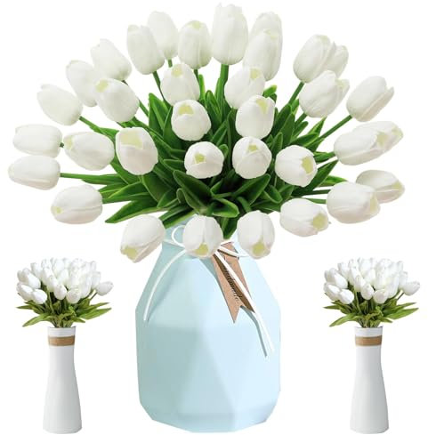Tulipani Artificiali, 12 Pezzi Fiori Finti di Tulipani, Artificiale Tulipani in Lattice, Artificiali Tulipani con Foglie, for Matrimonio, Festa, Composizioni Floreali, Bouquet da Sposa (Bianco)