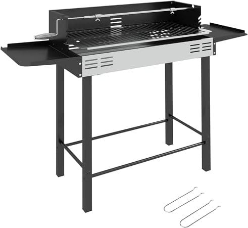 Outsunny Barbacoa de Carbón Barbacoa Portátil 118x32x90 cm con Pincho Giratorio Ajustable en Altura de 3 Niveles Parrilla Plegables y Paravientos para Pícnic Camping Negro