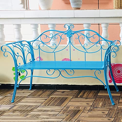 Blau Retro Metall Gartenbank 2-Sitzer mit gebogener Rückenlehne und Armlehne Outdoor Gusseisen und Aluminium Bank für Terrasse Veranda Hof Einfache Montage & Wetterbeständig