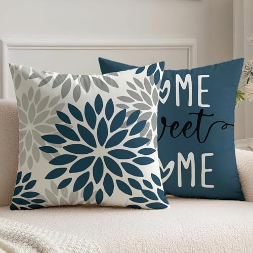 Vorysum 2er Set Kissenbezüge 45x45 cm Dunkelblau Dahlien Outdoor Kissen Modern Kissenbezug Blumen Dekorative Sofakissen Samt Optik für Garten Sofa Wohnzimmer Bett Doppelseitiges Muster