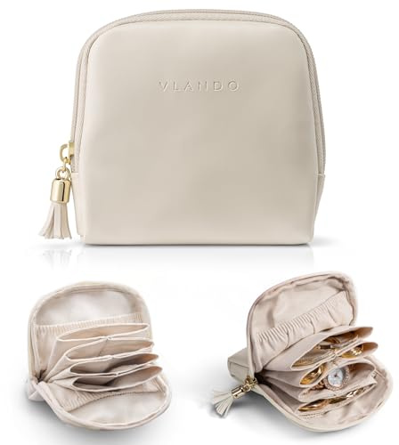 VLANDO Schmuckkästchen Reise Schmuckaufbewahrung, mit 6 Tasche Für Schmuck | Travel Essentials,Geschenk für Damen,Travel Accessories,Schmucktasche Für Ohrringe,Halsketten,Ringe, Beige