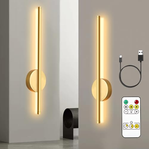 Timisea Rechargeable Wall Lights Set of 2, Wireless Wall Sconces Battery Operated, 360° Magnetic Rotation, Remote & Touch Control, 3 Color Temperatures, Gold