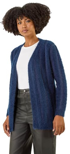 Roman Women Fluffy Cardigan Ladies Winter Cardi Longline Edge to Edge Ombre Coatigan Casual Sparkly Glittery Jacket Knitwear Knitted Autumn Fleecy Cosy Soft Coats - Navy Blue - Size 14