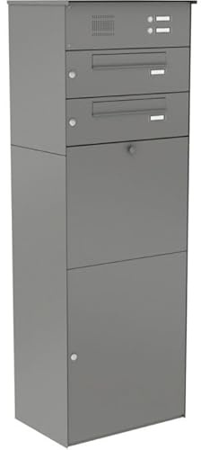 KNOBLOCH Paketbox mit 2 Briefkästen und Klingel KNOBOX PRO 14 - mit Gravur personalisiert, XXL Paketkasten, rostfrei wetterfest, Graualuminium RAL9007