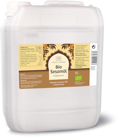 Classic Ayurveda Bio Sesamöl - 5 Liter - Kaltgepresst zum Kochen & Braten, Sesame Oil, reines Sesam Öl mit nussigem Geschmack, nicht gebleicht & nicht gefärbt
