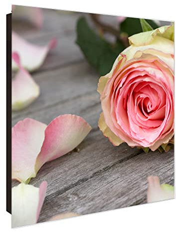 banjado® Großer Schlüsselkasten Glas/Schlüsselbox 30cm x 30cm mit 50 Haken - Motiv Rosa Rose/Schlüsselkasten modern für Schlüsselaufbewahrung mit beschreibbarer, magnetischer Glastür