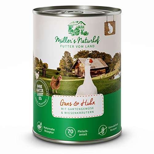 Müllers Naturhof - Nassfutter für Katzen - naturnahe Rezeptur - Gans & Huhn - 6 x 400 g - getreidefrei - 70% Fleischanteil - ohne Tierversuche, Zucker, Farb-, Aroma-, & Konservierungsstoffe