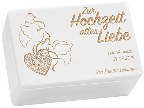 LAUBLUST Holzkiste zur Hochzeit - Turteltauben - Geschenkkiste Personalisiert mit Gravur - ca. 30x20x14cm, Weiß, FSC®