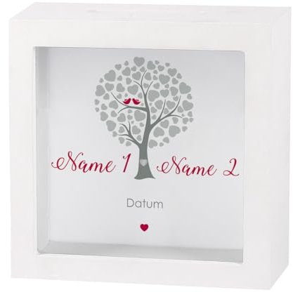 Herz & Heim® Geldgeschenk zur Hochzeit als Bedruckte Bilderrahmen Spardose - individuell für Sie erstellt mit Namen und Datum (Herzbaum)