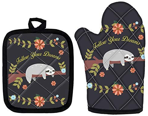 Showudesigns Sloth Follow Your Dream Oven Mitts and Pot Holders Sets 2 Pieces - Heat Resistant Oven Gloves with Non-Slip Surface for Safe BBQ Cooking Baking Grilling