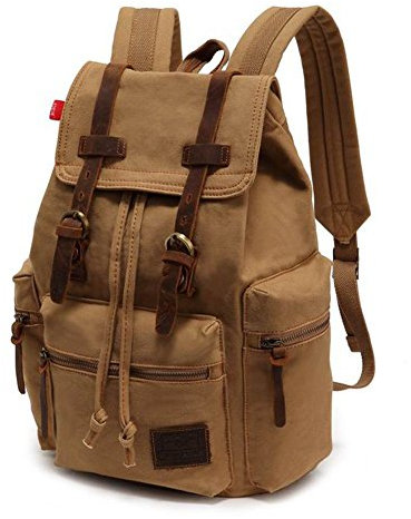 koolehaoda Vintage Canvas Lederrucksack Unisex Casual College Bag Wandertasche 17-Zoll-Laptop Business Rucksack Canvas Rucksack (L- Khaki)