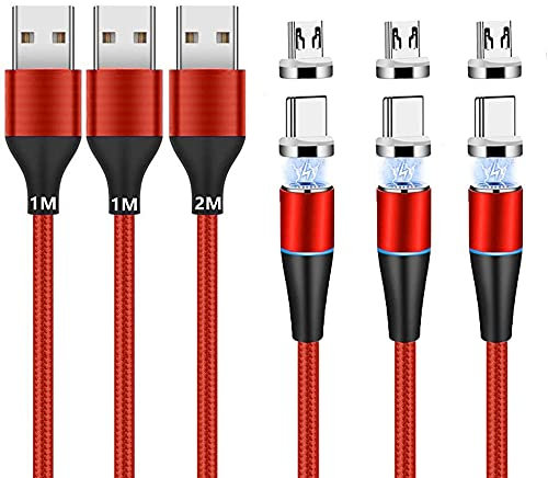 Magnetisches Ladekabel (1m+1m+2m,3 Stück) USB C/Typ C/Micro USB 2-in-1 Magnet USB Kabel 3A Schnellladung und Datensynchronisation LED Ladekabel Kompatibel mit Alles Android Phone Smartphone Tablet