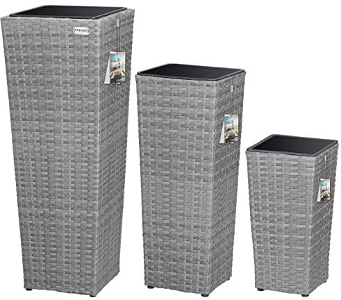 Deuba Fioriera in Polirattan Intrecciato a Mano Vaso Portafiori Set 3 pz Fioriere Cassette per Fiori Grigio