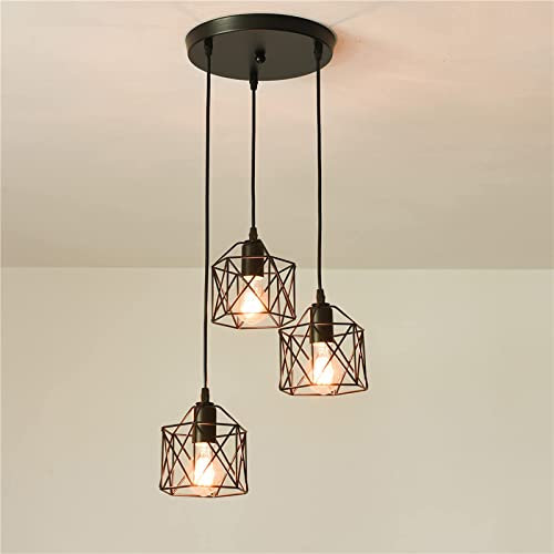 Vintage Hängelampe 3 Flammig Retro E27 Edison Style Lampenfassung Schwarz Geometrische Halbbündige Deckenleuchte für Küche, Esszimmer, Flur, Türöffnung (nicht im Lieferumfang enthaltene Glühbirne)