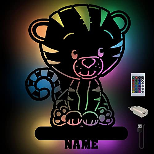 Tiger Farbwechsel Wand-Lampe Nachtlicht Baby-Geschenke mit Namen Schlummerlicht Holz Licht für Kinder I USB + Fernbedienung