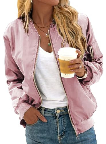 Minetom Veste Femme Motard Blouson Printemps Automne Léger Bombers Jacket Sweatshirt Sport Vintage Outwear Zippé Court Jacket B Rose M