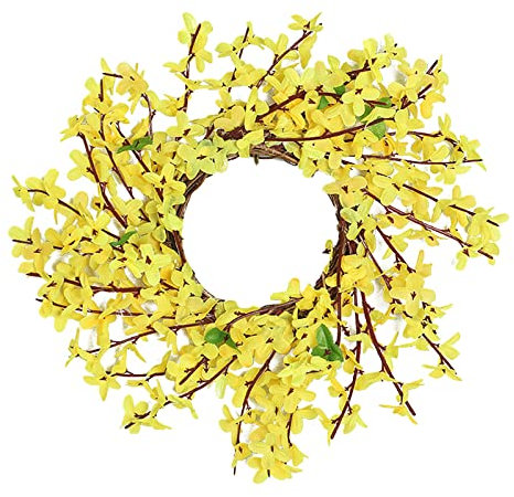 HYLYING Gelber Forsythia-Kranz, 30 cm, künstlicher Forsythie-Blumenkranz, Winter-Jasmin, Haustürkranz für Wand, Fenster, Bauernhaus, Outdoor, Heimdekoration