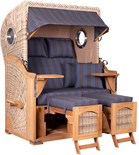 MR. DEKO® Strandkorb Düne Teak 2-Sitzer Bullauge | PE Geflecht Shell | Volllieger Strandstuhl verstellbar | inkl. 4 Kissen Wechselpolster | Strandkörbe fertig montiert aus Teakholz | Dessin 582