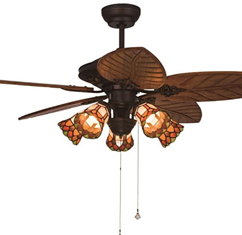 GAUUA Tiffany Lamp Ceiling Fan Light with Remote 5 Wooden Palm Leaf Reversible Silent Fan Chandelier for Living Room Bedroom Study Dining Room 52 Inch