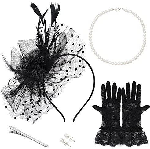 baotongle Fascinators Hut Blume Mesh Federn Clip Kopfschmuck Haarschmuck Spitzen Handschuh Perlenkette Ohrringe für Damen