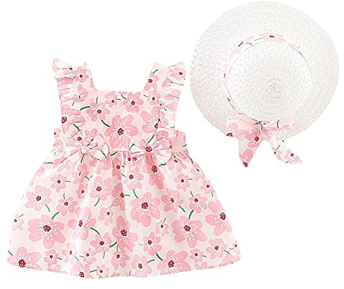 IWEMEK Robe Bébé Enfant Fille été Fleur Imprimé Costume Princesse Nœud Papillon Ensemble Trapèze sans Manches + Chapeau de Paille Décontractée Cérémonie Plage Vacances Fête #Nœud Rose 18-24 Mois