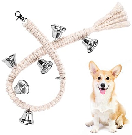 Whimsii Dog Bells Toilet Training, Macrame Hanging Door Bell for Potty Training, 6 Extra Loud Antique Bronze Doggy Bells for Puppy & Dogs Ring to Go Outside (Silver Bells with Off White Rope)