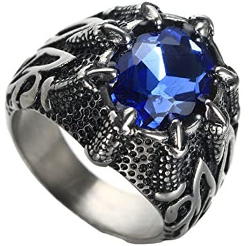 Homxi Herren Ring Punk,Ring Oval Stein mit Drachenklaue Herrenring Edelstahl mit Gravur Blau Ringe Herren Größe 60 (19.1)