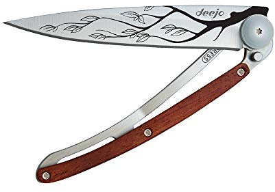 deejo - Couteau de Poche Pliant 37g avec Clip Ceinture - Manche en Bois de Rose, Lame en Acier Inoxydable - Motif Arbre - Couteau de Table, Randonnée, Camping, Bivouac