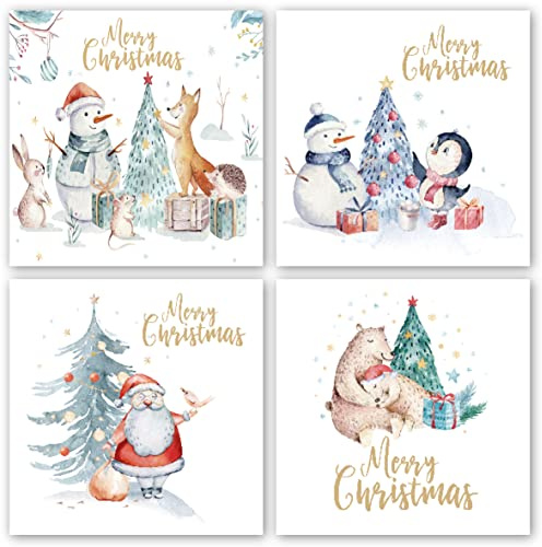 Charity Christmas Cards. Pack of 24. Each Christmas Card Multipack has 4 Different Watercolour Characters Designs. Ecofriendly and UK Made. Blank Inside. 115 x 115mm Card Size.