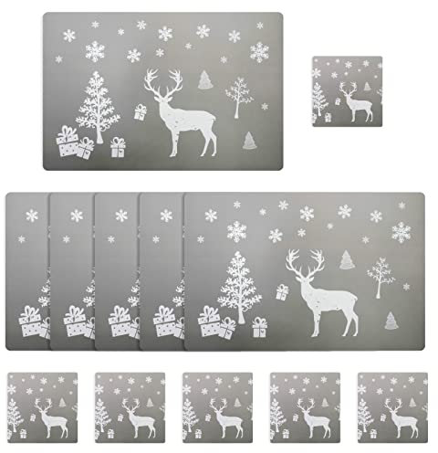 12 Piece Placemats and Coasters Set, 6 Piece Mug Mats for Christmas Table Decoration (Grey Reindeer Design)