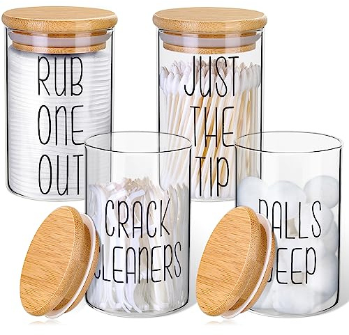 4 Stück Glas Wattestäbchen Behälter für Badezimmer, Apothekergläser zur Aufbewahrung von Wattebällen und als Badezimmerdosen, ideal für Wattestäbchen, Wattebälle, Zahnseide, Qtip Halter Badezimmerdeko