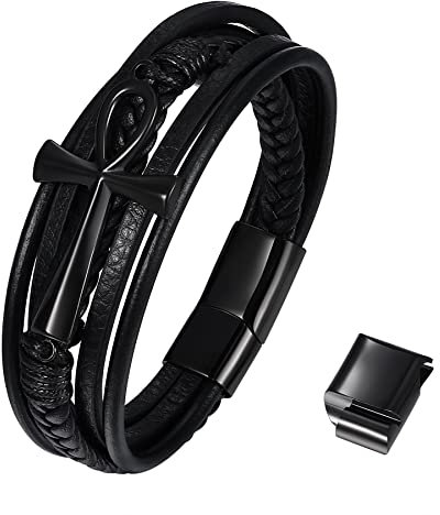 JewelryWe Schmuck Herren Lederarmband, Retro Ägyptische Ankh Kreuz Edelstahl Leder Armband Armreif Manschette, Schwarz
